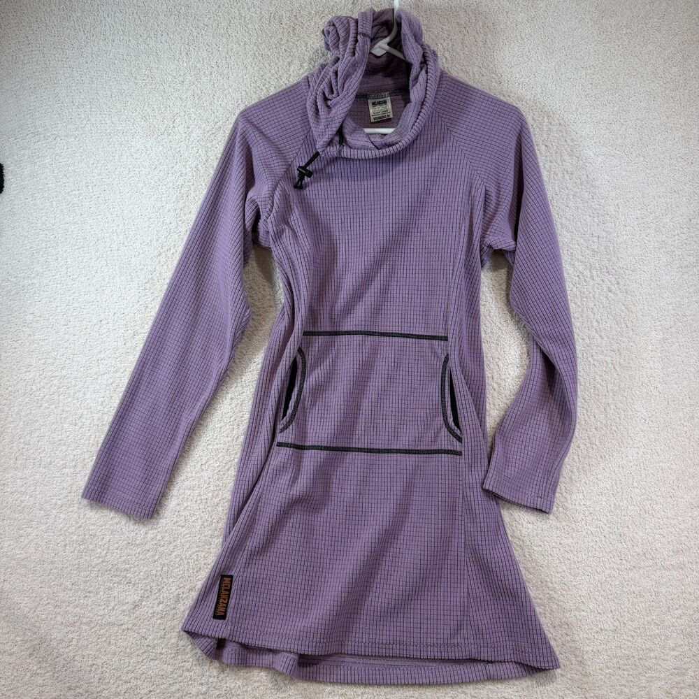 Melanzana Micro Grid Hoodie Dress Womens M Purple Fleece Pullover Made in USA